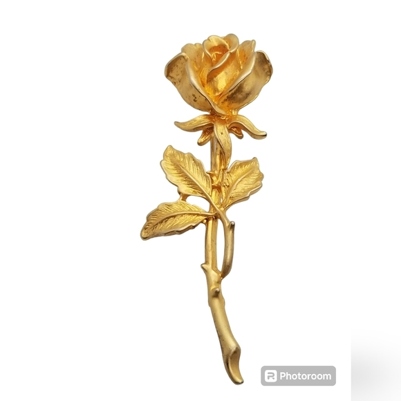 VINTAGE MATTE GOLDTONE STEMMED ROSE BROOCH - Picture 2 of 3